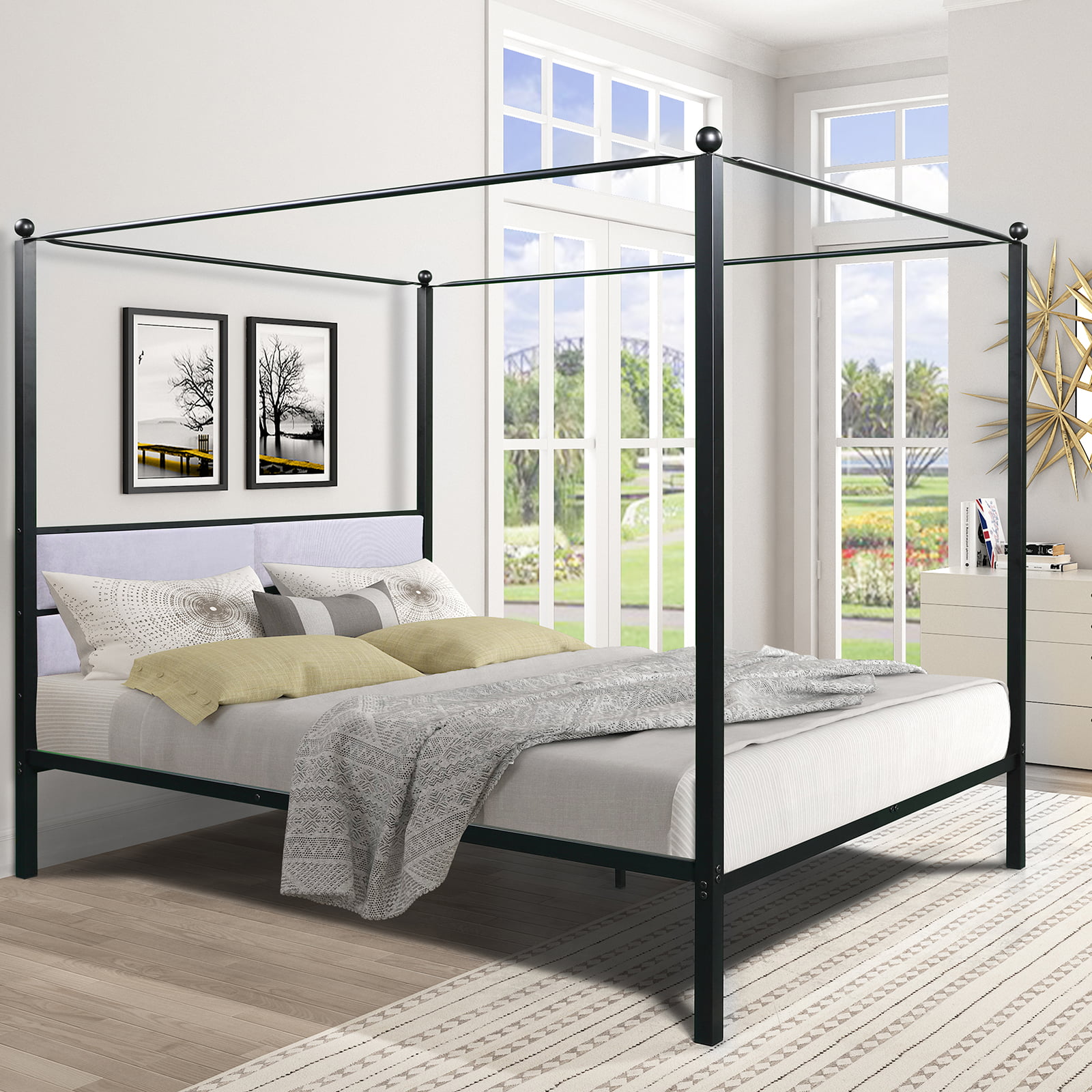 Beyamis Queen Canopy Bed Black Metal 4, How To Make A Four Post Bed Frame