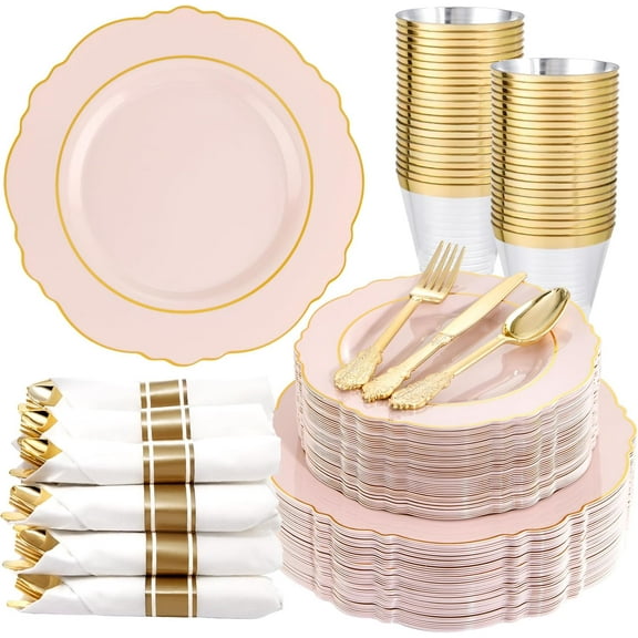 350PCS Pink Plates Disposable - Pink and Gold Plates 50guest Baroque Plastic Dinnerware include 100Plates, 50Pack Pre Rolled Napkins with Silverware 50Cups Perfect for Wedding＆Mother's Day