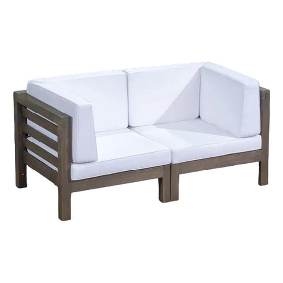 Benjara Ony Outdoor Loveseat- Detachable Acacia Wood Chairs- White Cushions