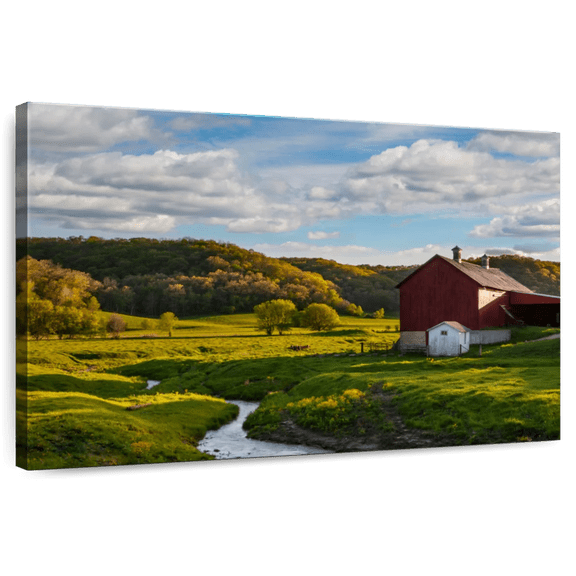Elephant Stock Green Fields Red Barn Wall Art - Horizontal Canvas Wall Art - Living Room Wall Decor - Nature Canvas - Green And White Decor - 12" x 8"