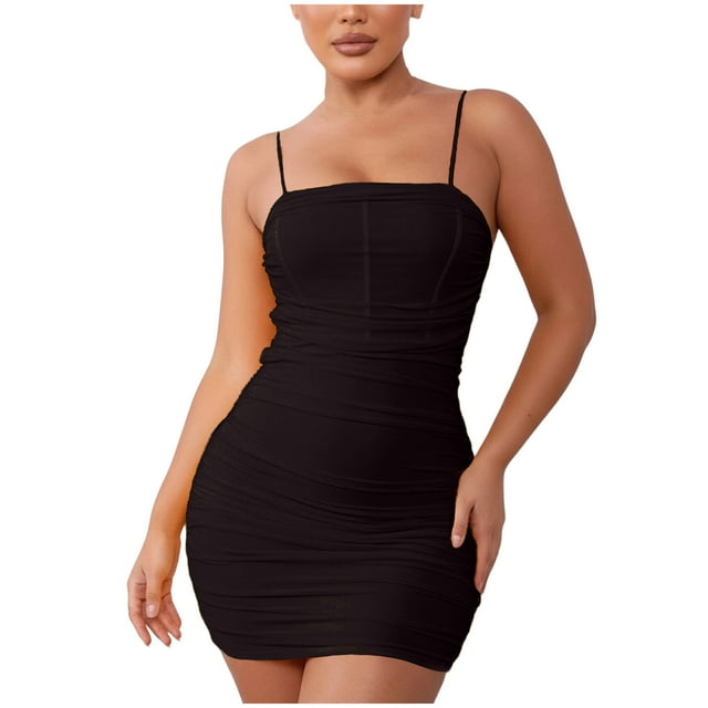 Ailaofu Women's Sleeveless Ruched Spaghetti Strap Bodycon Mini Club Party Dress