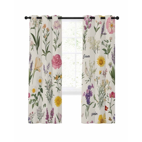 Spring Botanical Blackout Curtains 72 Inches Long for Bedroom, Colorful Cottagecore Blooms Flower Thermal Insulated Room Darkening Black Out Window Curtain Panels Grommet Drapes for Living Room