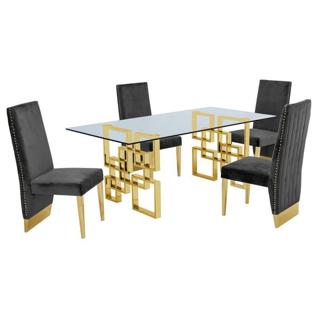 Ensemble de Salle à Manger Rectangulaire en Verre Clair 5pc avec Base en Acier Inoxydable Doré
