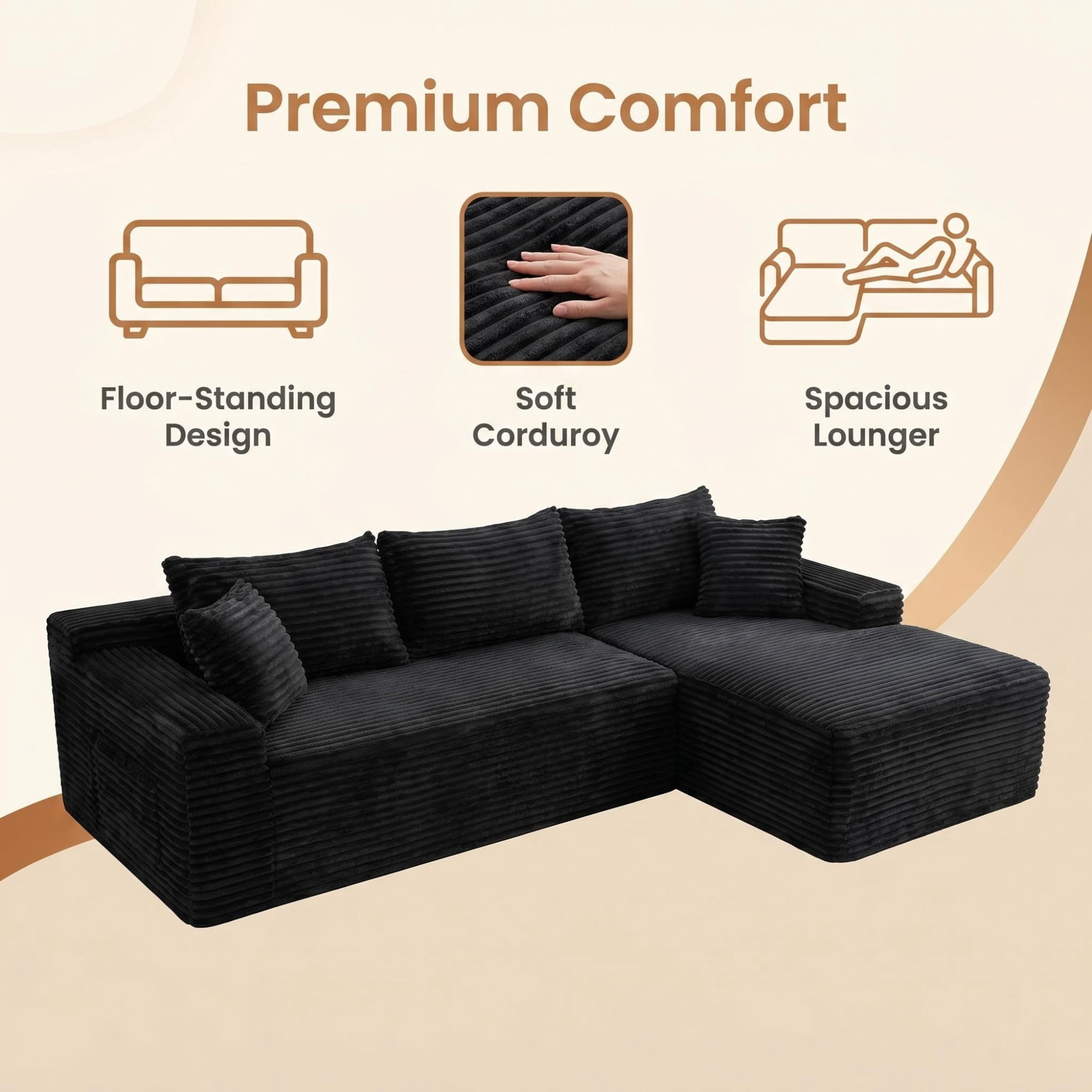 Leumius 106.3" Cloud Modular Sectional Sofa Couch with L-Shape Chaise,Modern Minimalist Upholstered Couches for Living Room Bedroom No Assembly Required Black-R