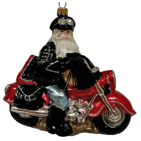 Biker Santa - Motorcycle Rider Biker Santa with Tassels Polish Glass Christmas Tree Ornament