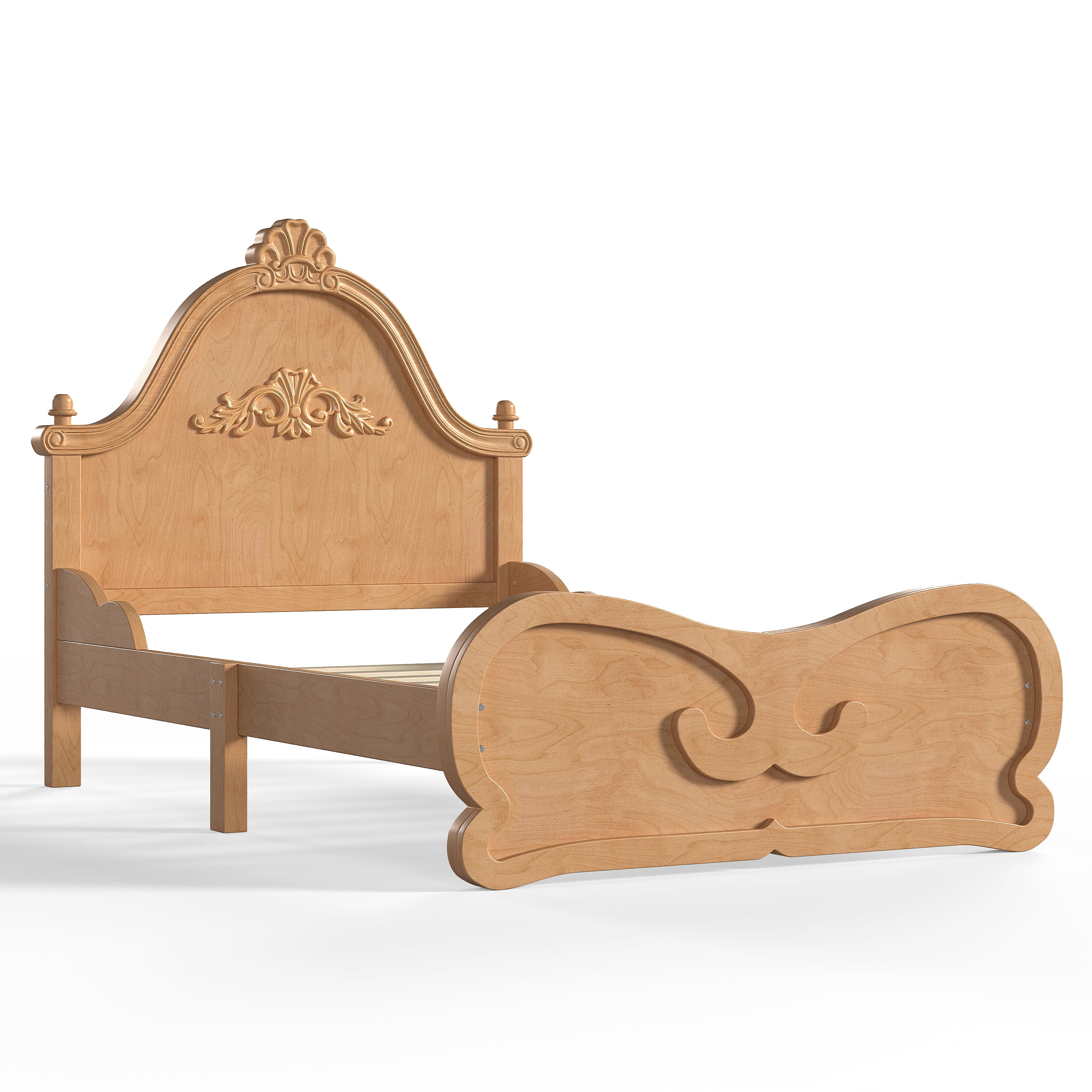 Miniyam Twin Size Kids Platform Bed Frame with Carved Headboard and Footboard, Wood Bed, Natural