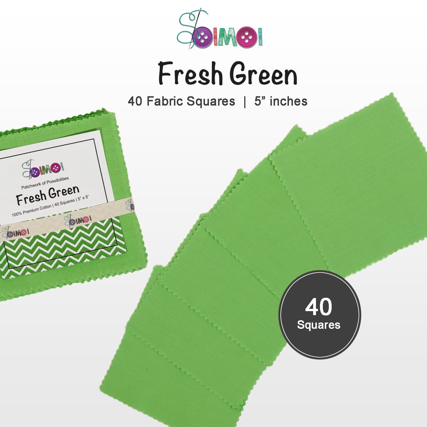 Soimoi 40 Pcs Solid Cotton Fabric Squares Bundles Charm Packs for Quilting, Fat Quarter Layer Cakes, Fabric Scraps for Crafts,Precuts Quilt Squares 5 x 5 inches, DIY Fabric Bundle - Fresh Green
