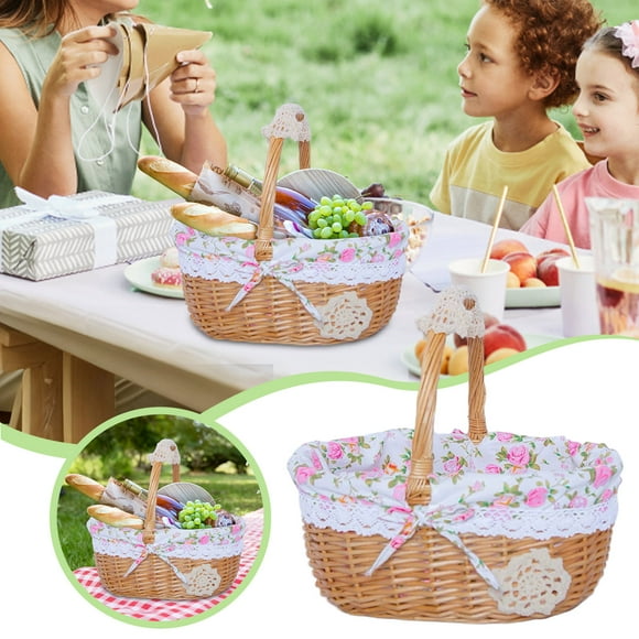 Rangement en Osier avec Garniture en Dentelle Vichy pour la Maison et l'Extérieur, Conception au Crochet Durable pour Pique-Niques, Organisateur Réutilisable Idéal pour le Salon et le Couloir