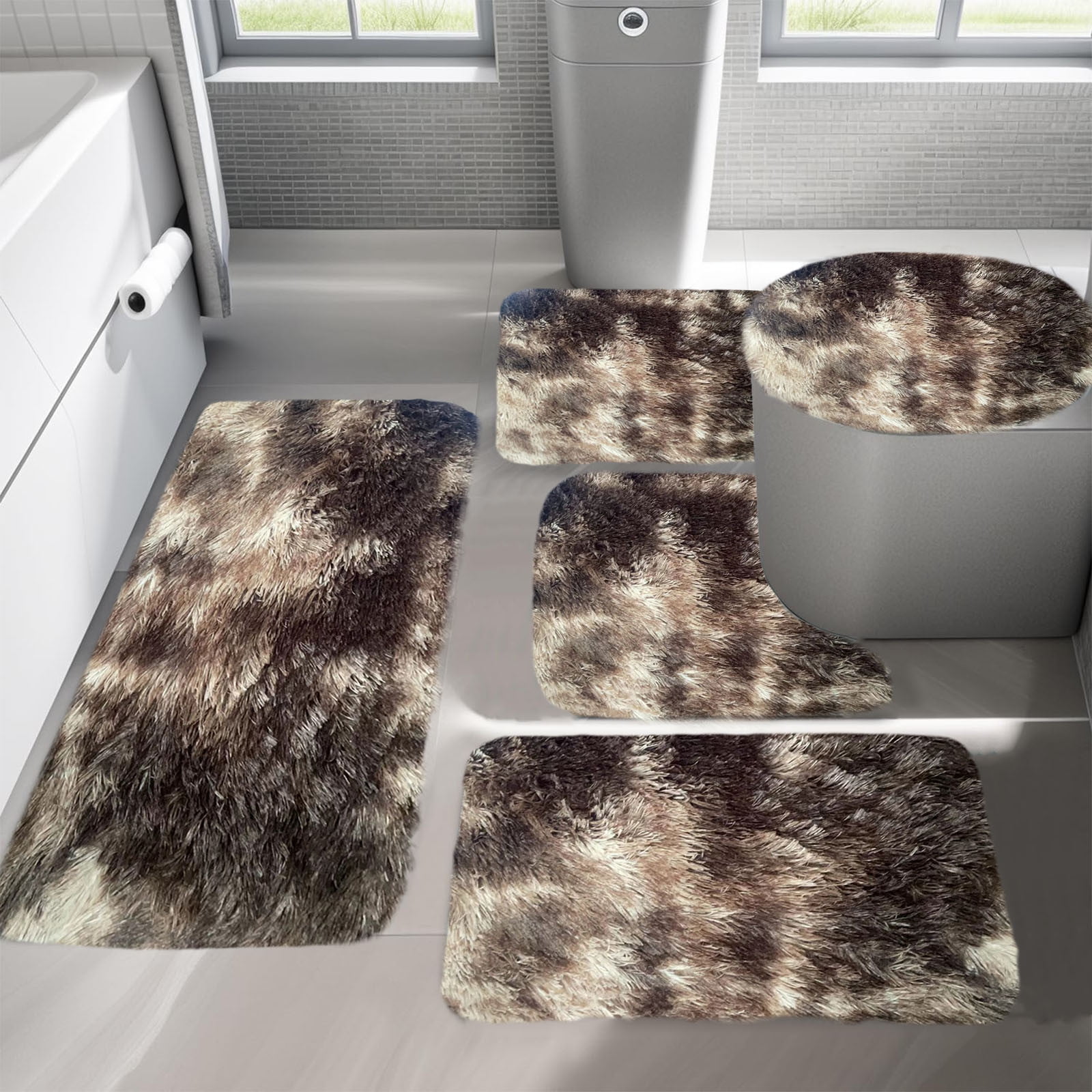 5-Piece Mixed Color Bathroom Rugs Set, Non Slip Long Plush Mat, Water Absorbent Toilet Carpet for Shower Floor