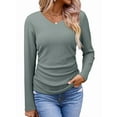 thumbnail image 3 of Womens Tops Casual V Neck Long Sleeve Shirts Solid Ruched Basic Tunics Blouses Green XL, 3 of 7