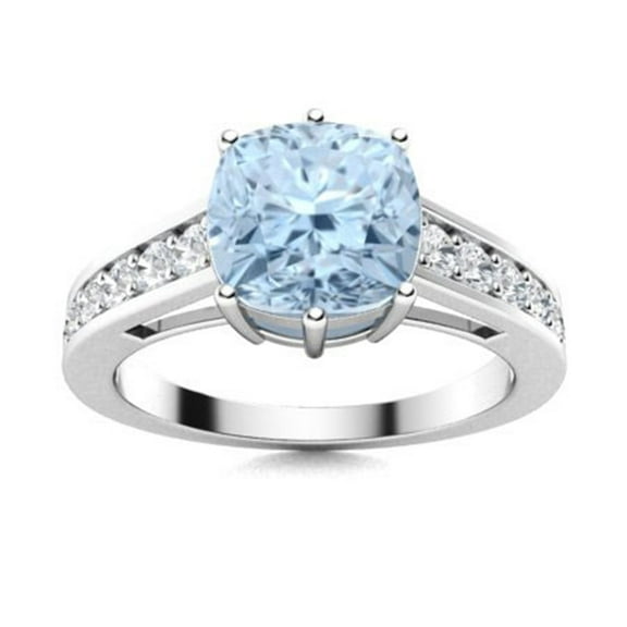 Mooneye Six Prong Solitaire 6mm Cushion Aquamarine 925 Sterling Silver Women Valentines Day Gift Ring