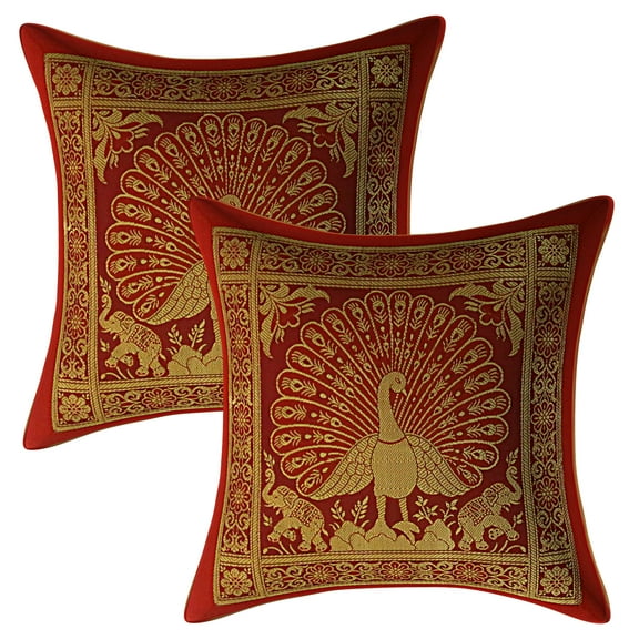 Stylo Culture Ethnic Living Room Brocade Red And Gold Throw Pillow Covers 12x12 Jacquard Weave Banarasi Sofa Throw Pillow Cover Sets Dancing Peacock 30x30 cm Decorative Cushion Covers (Set Of 2)