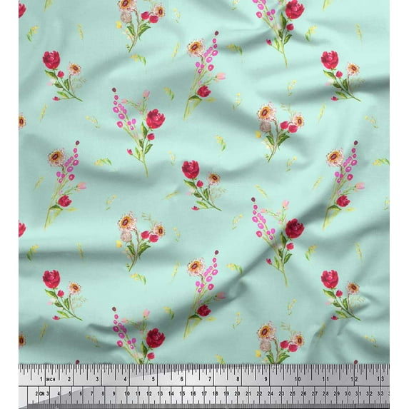 Soimoi Green Japan Crepe Satin Fabric Clover Leaves Floral Printed Craft Fabric by the Yard 44 Inch Wide