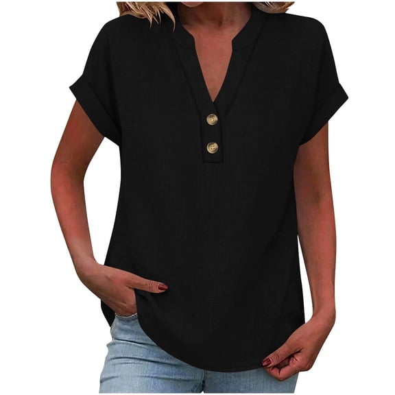 Women's V-Neck Linen T-Shirt with Button Loose Fits Short Sleeve Casual Tops Summer Lightweight Daily Tee,Black,XXL