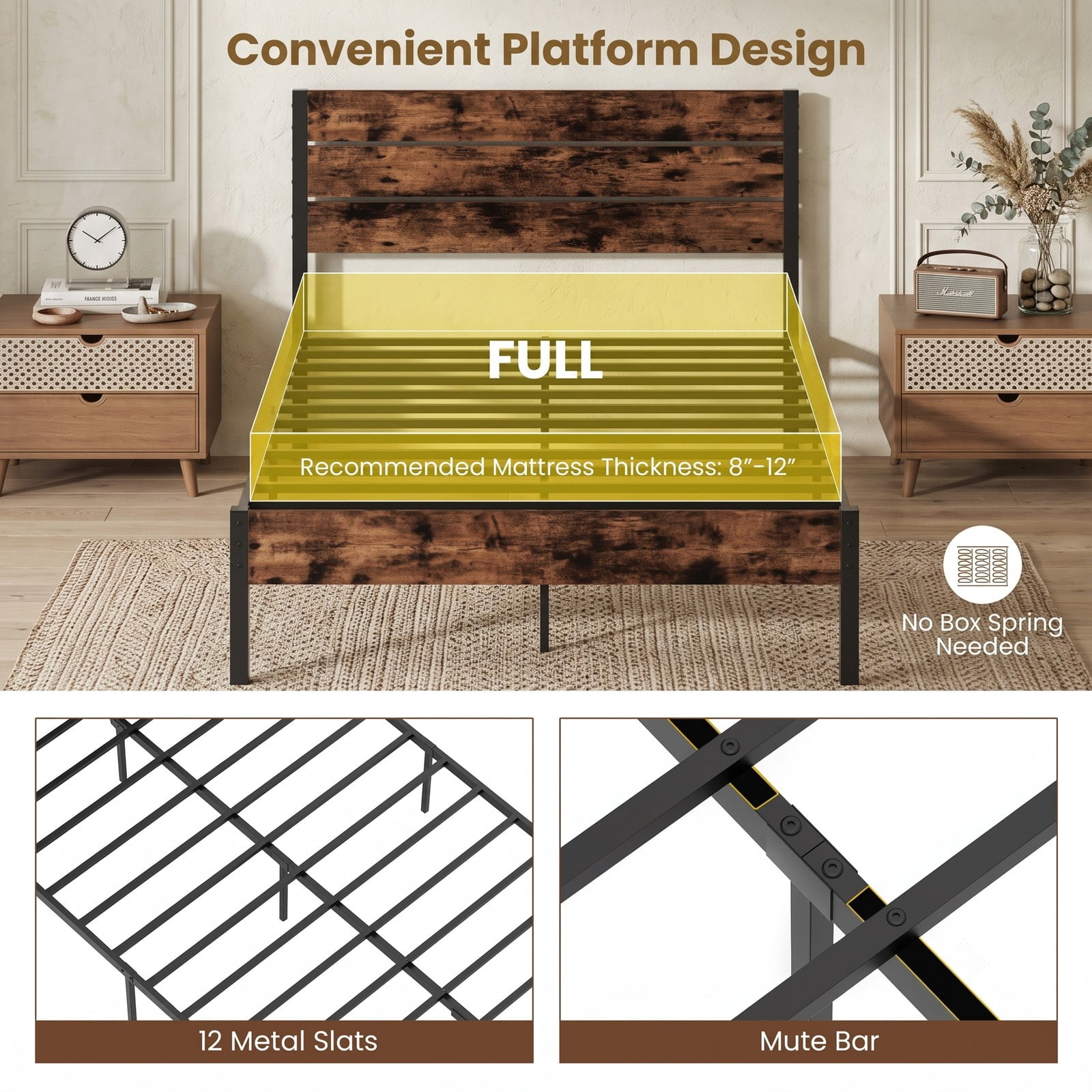Furnibear Queen Size Bed Frame Metal Platform Bed with High Wood Headboard and Mute Bar, Heavy Duty No Box Spring Needed, Rustic Brown and Black