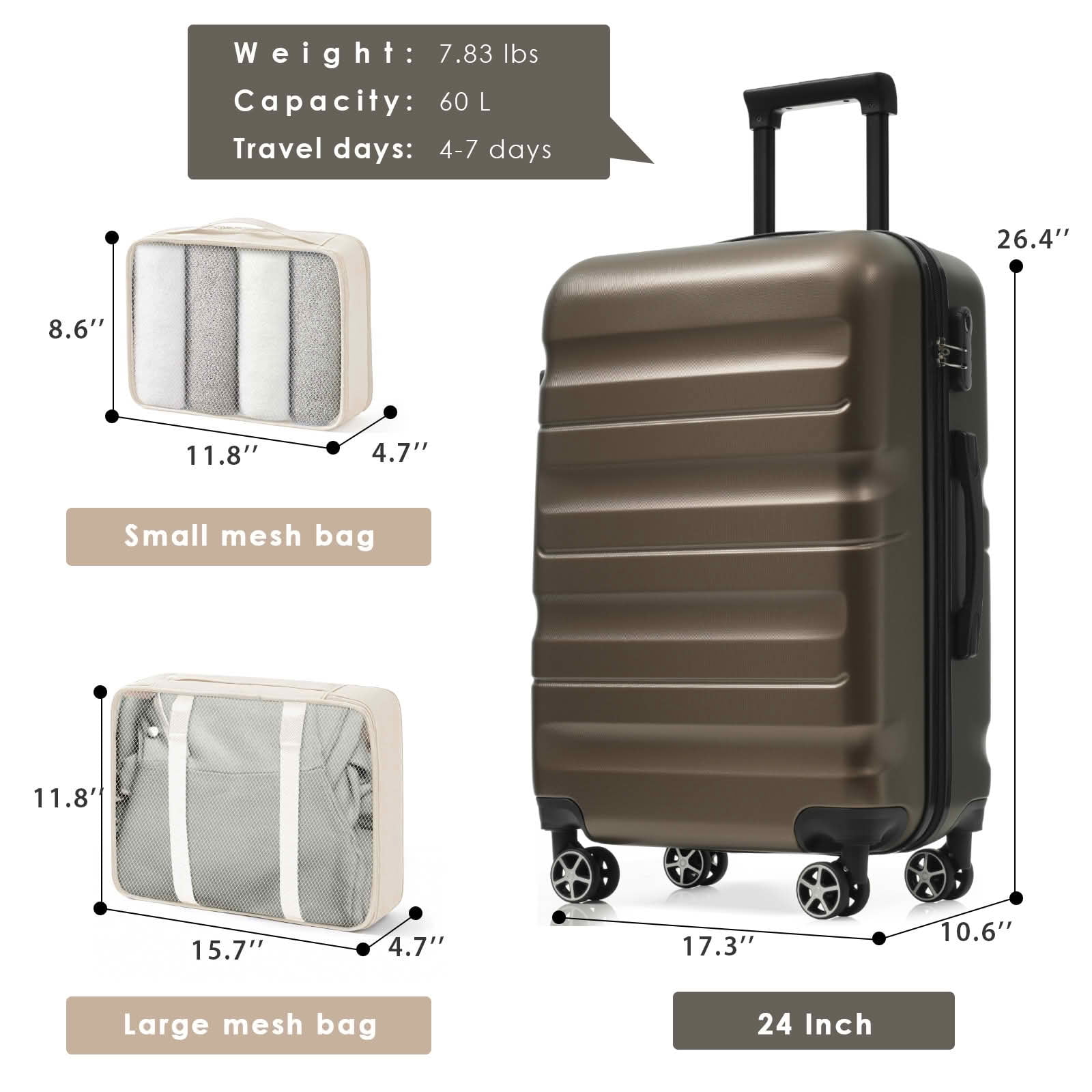MAYEERTY 24" ABS Hard Shell Checked Suitcase with Spinner Wheels, Travel Luggage Organizer with 2 Packing Cubes