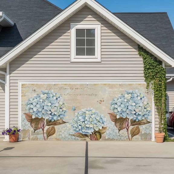 Blue Hydrangea Garage Door Cover Banner 6 x 13 FT, Flowers Leaves Butterfly Retro Khaki Garage Door Curtains Backdrop with Grommets for Indoor Outdoor Wall Party Porch Yard Decorations Background