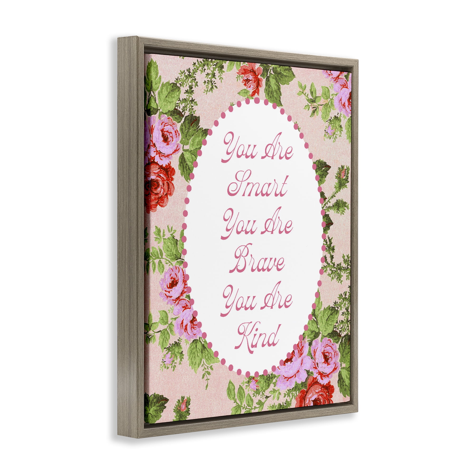 Stupell Industries Smart Brave & Kind with Vintage Florals Brown Framed Floater Canvas Wall Art, design by Lil' Rue