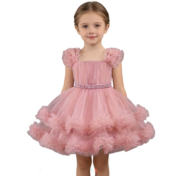 XUELUO Toddler Girls Tulle Princess Dress Puff Shoulder Ruffled Floral Dress Pearl Waistband Holiday Fluffy Party Skirts