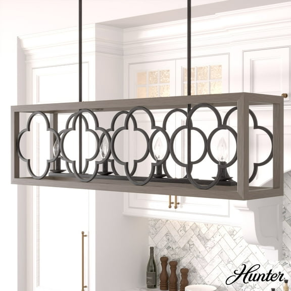 Hunter - Gablecrest 4-light French Oak, Extra Large Chandelier, Dimmable, Transitional Style, Linear Shaped, for Bedrooms, Dining, Living Rooms - 19099