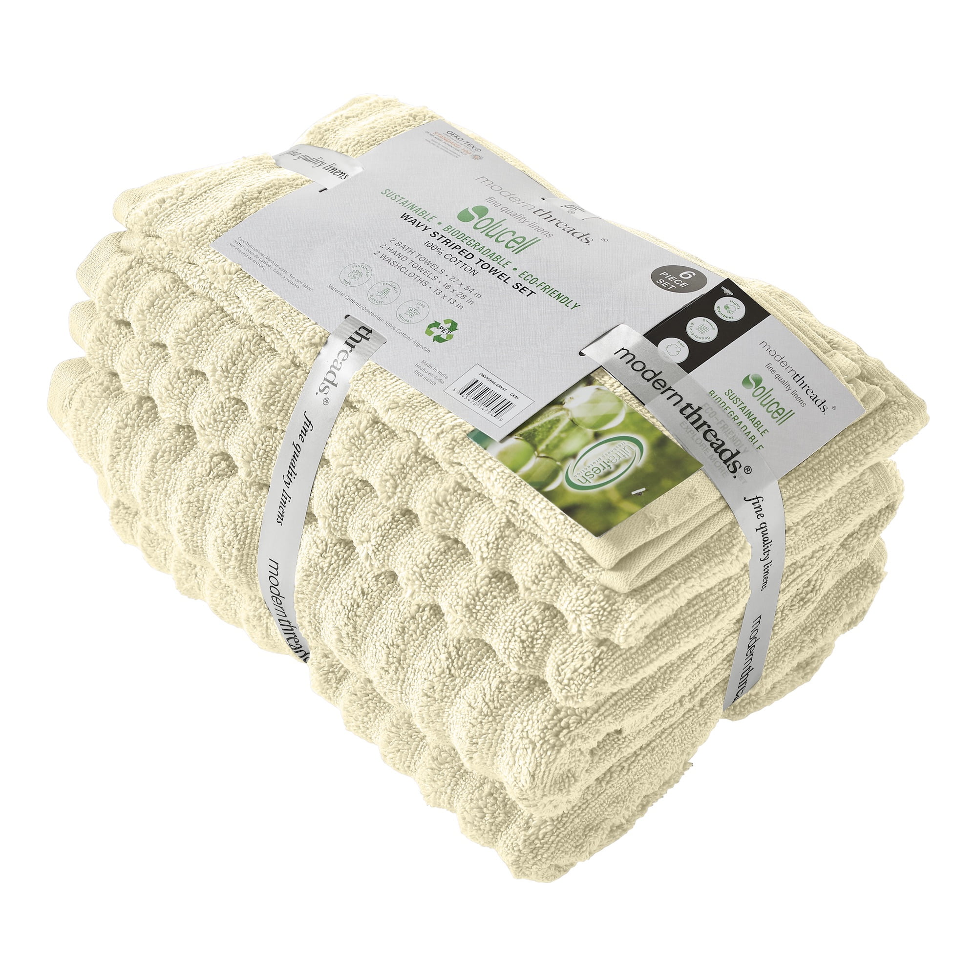 Modern Threads Wavy 6-Piece Adult Bath Towel Set, Quick Dry 100% Luxury Cotton, Ivory