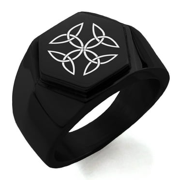 Stainless Steel Celtic Carolingian Cross Triquetras Engraved Hexagon Crest Flat Top Biker Style Polished Ring
