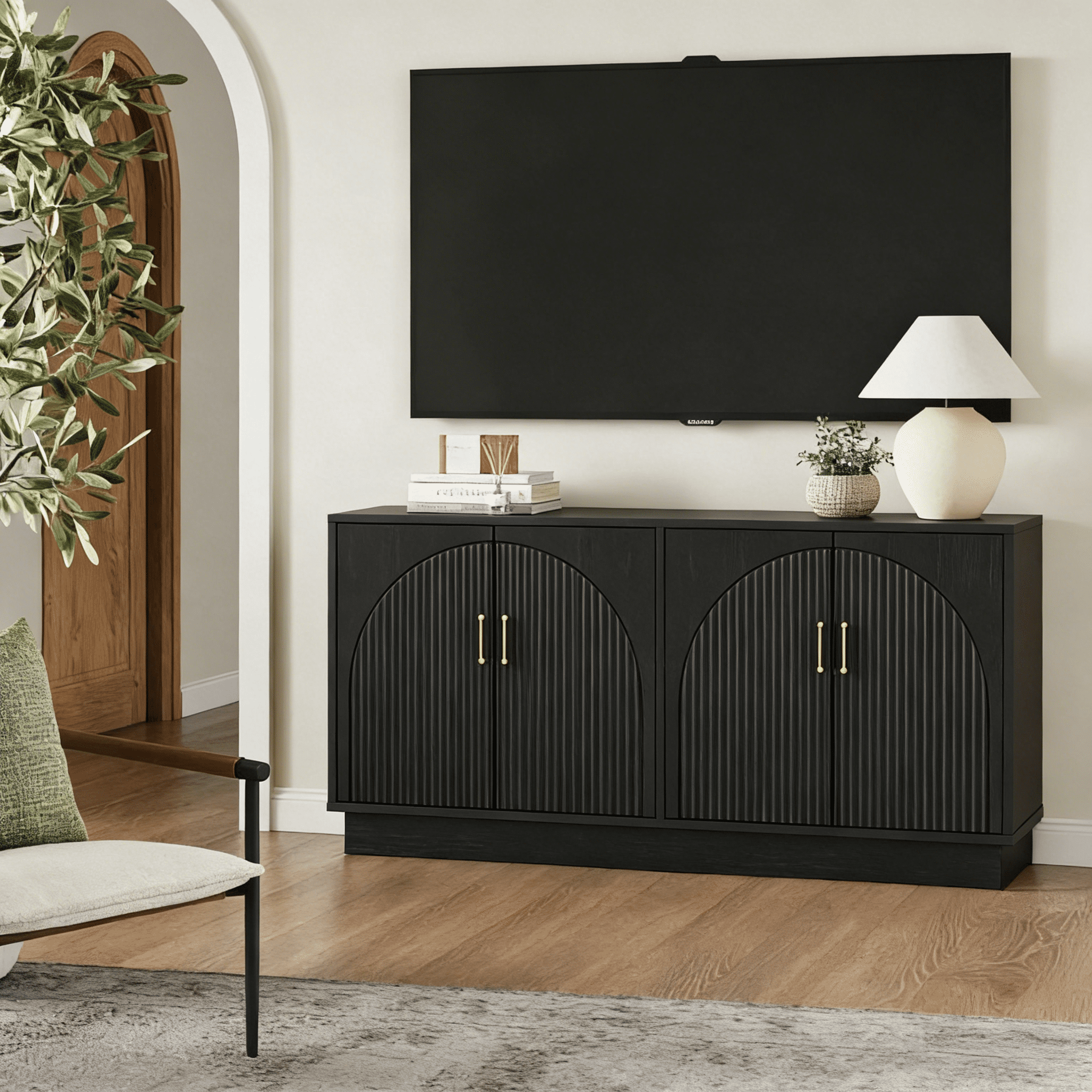 Mid-Century Fluted TV Stand with Storage Fits TVs up to 75", Entryway Console, Sideboard, Ebony Black