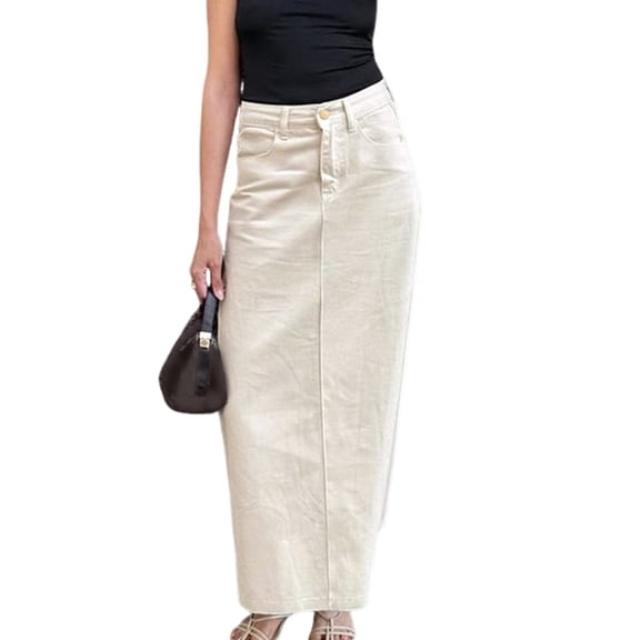 Women'S Solid High Waist Long Skirt Spring Summer Comfy Straight Maxi Skirt with Pockets Cream White M
