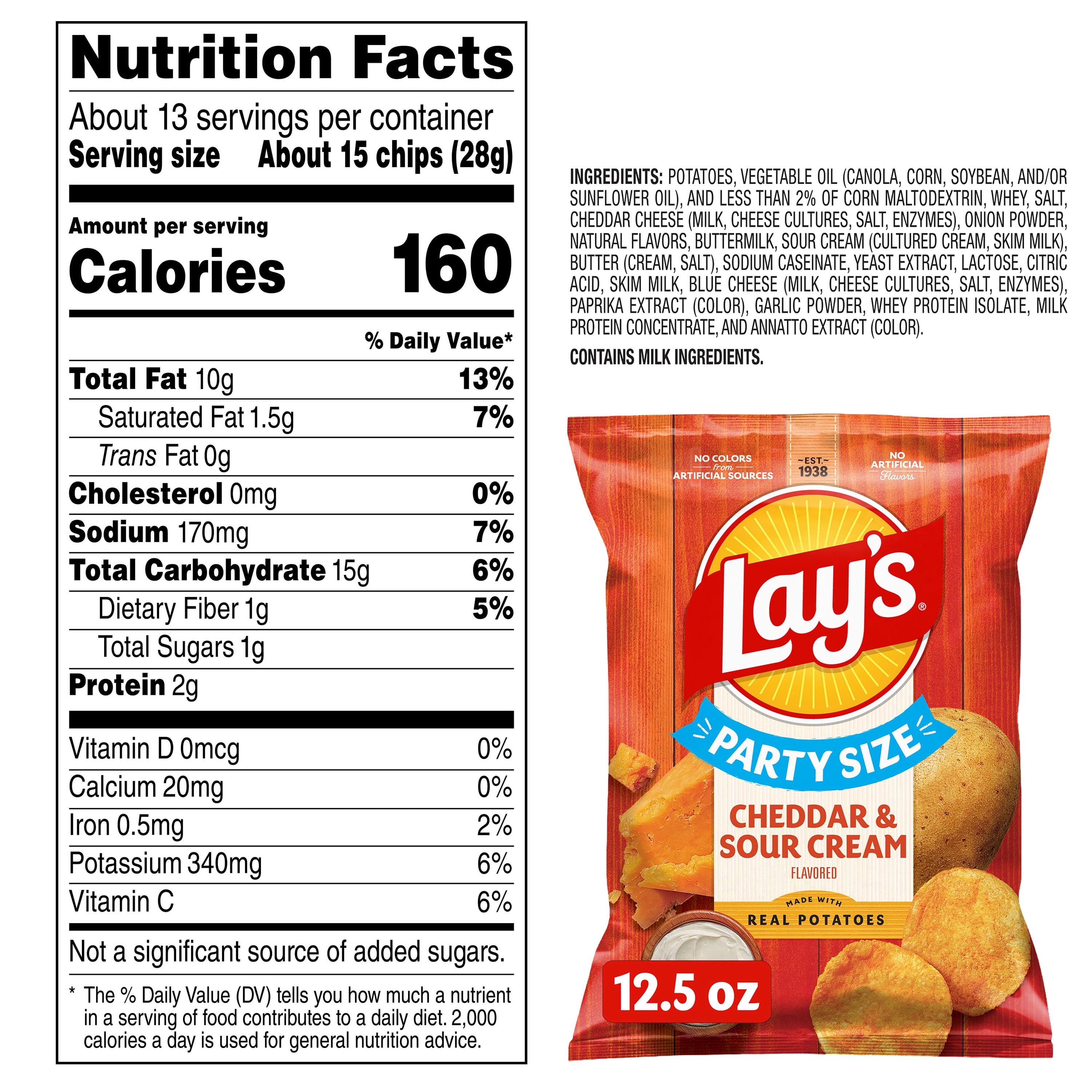 (3 pack) Lay's Cheddar & Sour Cream Flavored Potato Chips, Party Size, 12.5 oz Bag