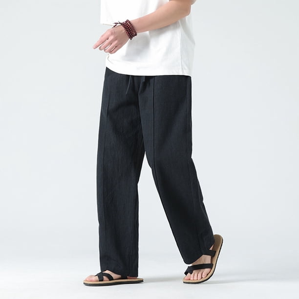 Pantalones largos para hombre, color liso, cintura elástica, tubo recto, cordón ajustable, bolsillo, pantalones casuales para hombre