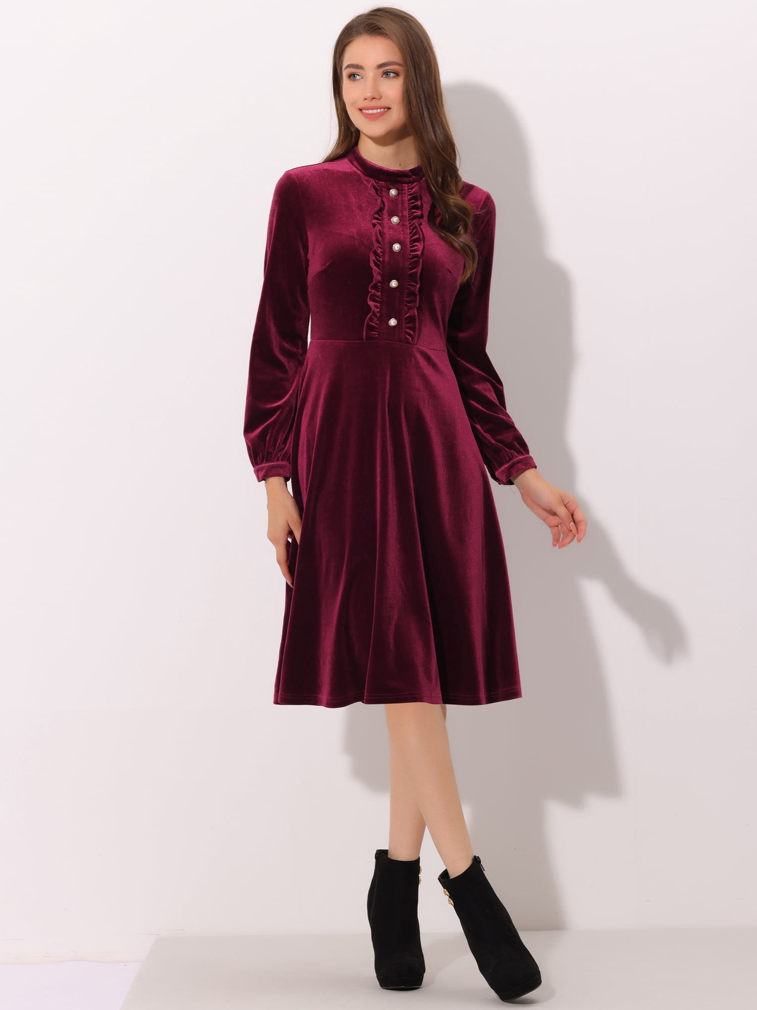 DARING DIVA Button Front Ruffle Vintage Flared Dress S Burgundy