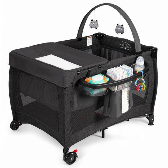 SACVON Baby Playard with Detachable Infant Bassinet and Changing Table, Foldable Travel Play Yard with Storage Basket and Wheels,Black
