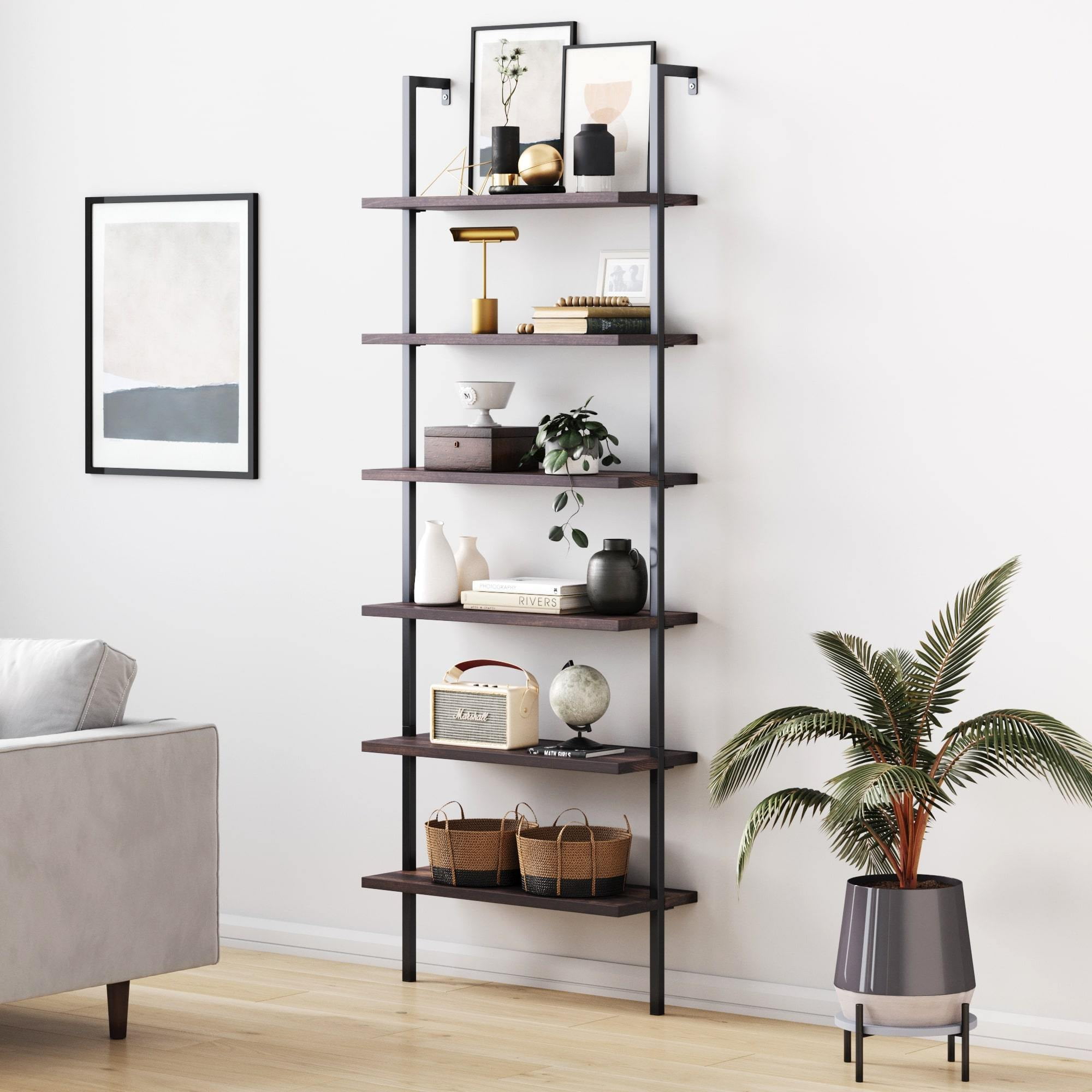 Theo 6-Shelf Tall Bookcase, Wall Mount Bookshelf Natural Wood
