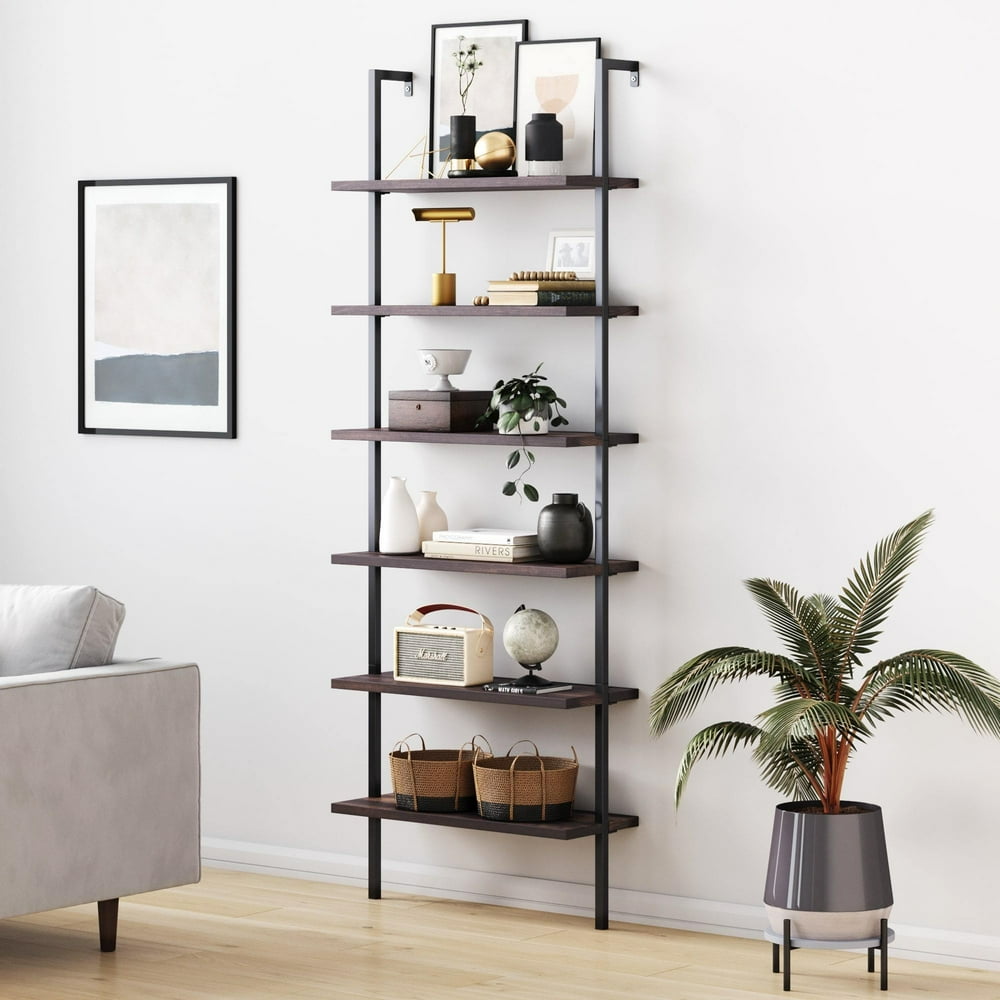 Theo 6Shelf Tall Bookcase, Wall Mount Bookshelf Natural Wood