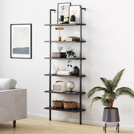 Nathan James Theo 6-Shelf Tall Bookcase, Open Wall Mount Ladder Bookshelf with Industrial Metal Frame, Nutmeg/Black