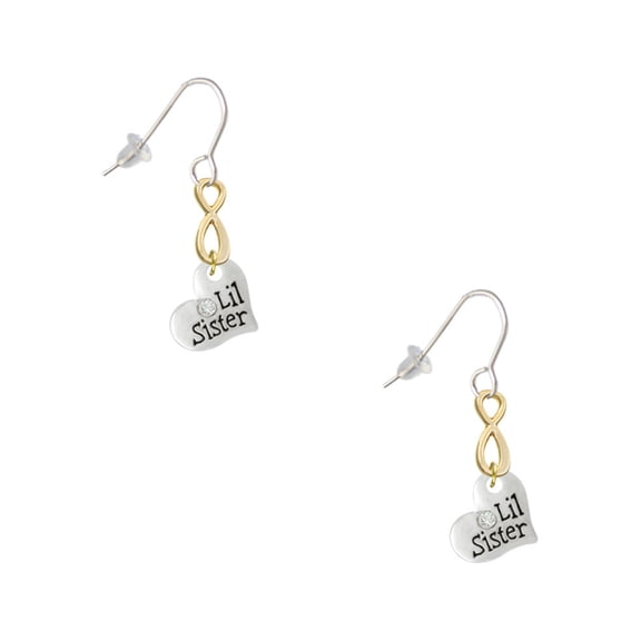 Delight Jewelry Silvertone Small ''Lil Sister'' Heart with Clear Crystal Gold Tone Infinity French Earrings