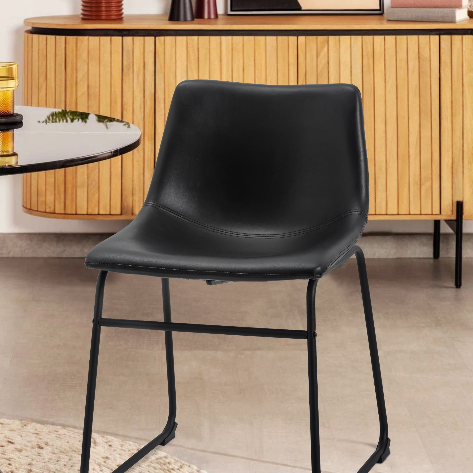 Set of 2 Fabric Bar Stools Low Back Counter Height Bar Stool with Leather Pub Chairs Height 29" Black