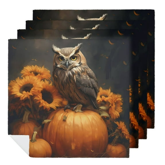 JRXY Autumn Pumpkin Paintings Prints Owl and Sunflower Thanksgiving Cloth Napkins for Kitchen - Set of 4 Polyester Dinner Napkins 2 PCS