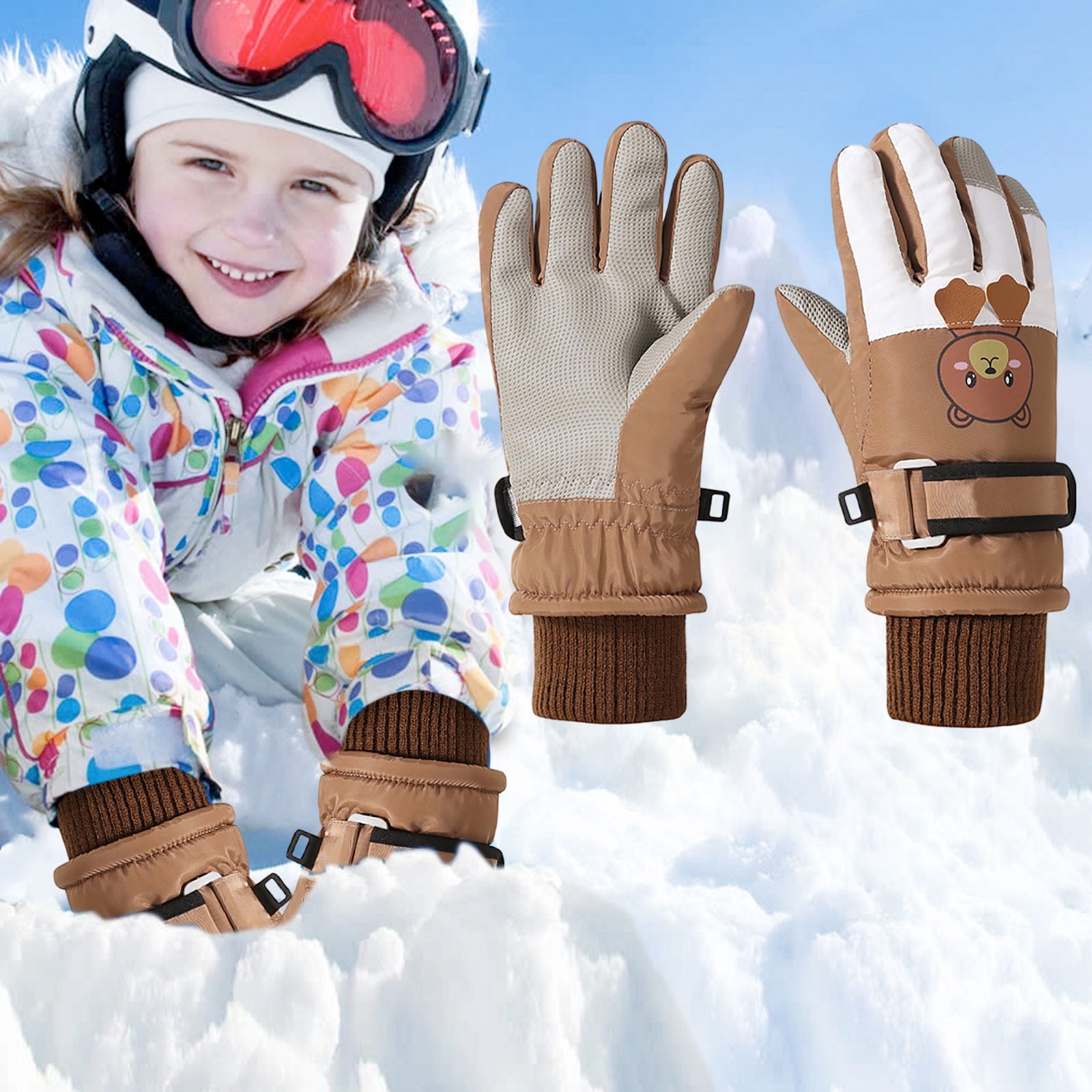 HNMKIU 2025 Winter Thick Velvet Childrens Cycling Skiing Cold Weather Warmth Gloves for Outdoor Activities Brown,L