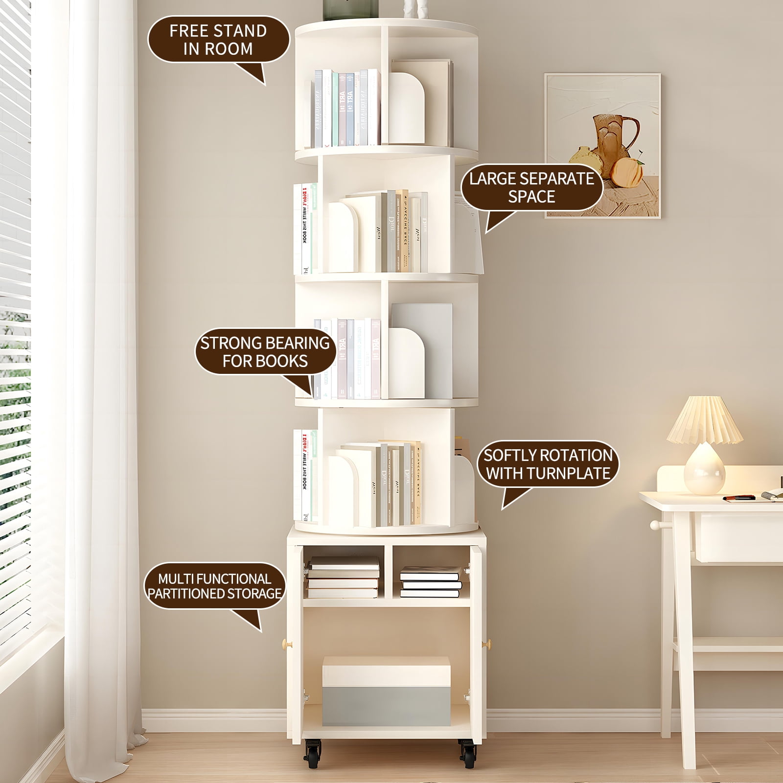 Rotating Bookshelf, 5 Tier Corner Bookcase with Storage Drawer and 360-Degree Rotation, Modern Design for Bedroom or Office, White Finish