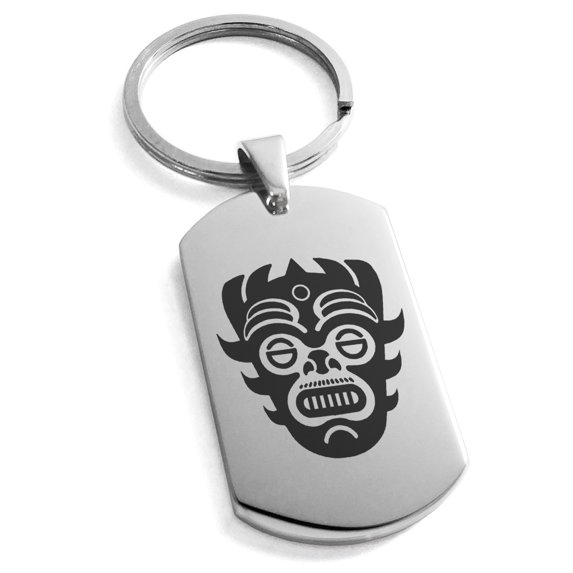 Stainless Steel Aztec Warrior Mask Rune Engraved Dog Tag Keychain Keyring