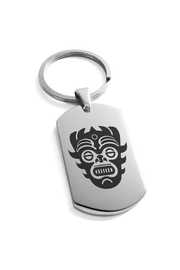 Stainless Steel Aztec Warrior Mask Rune Engraved Dog Tag Keychain Keyring