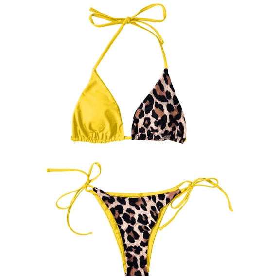 Odeerbi Two Piece Bikini Lace Up Triangle Swimsuit Erogenous Strap Swimwear Color Matching Splicing Beachwear Yellow