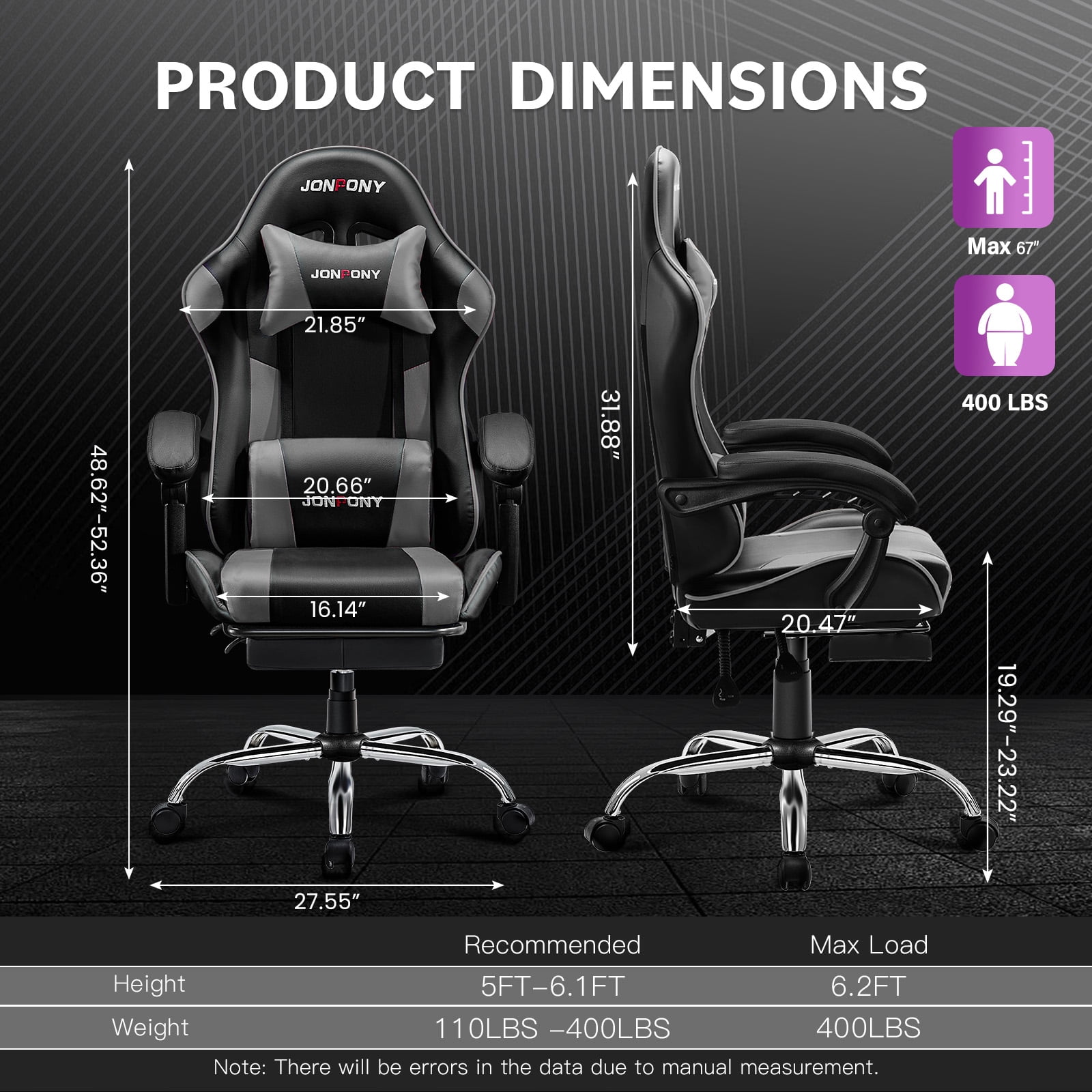 JONPONY Big and Tall 400LBS Gaming Chair, Ergonomic Design, Gamer Chair PU Leather with Footrest and Lumbar Support, High Back Office Chair Support 8 Hours Long Sitting, Computer Chair,Black Grey