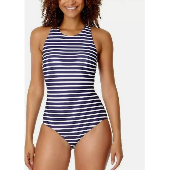 Lands' End Navy Stripe High Neck Open Back Swimsuit Fully Lined, Navy, L