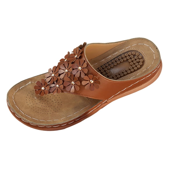 Wedge Sandals for Women Flower Decorated Platform Flip Flops Comfortable Orthopedic Slide Walking Tong Sandal Brown Size 9.5