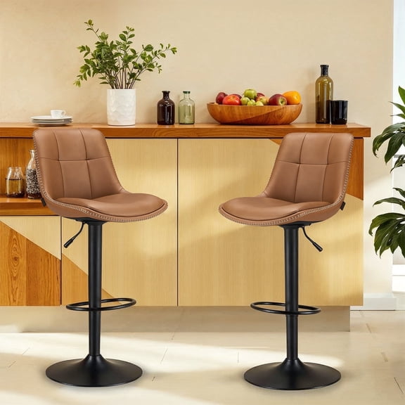 LEDREM Swivel Bar Stools Set of 2, Adjustable Height Counter Stools with Quilted Back, Synthetic Leather Seats, Footrest, Steel Frame, Kitchen & Dining Use, Caramel Brown