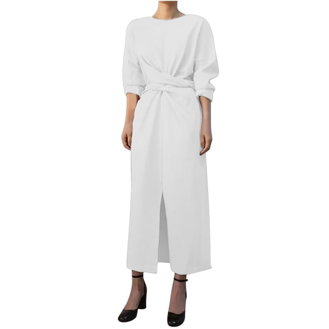 Gspmoly Robes Décontractées pour Femmes, Mode Féminine Col Rond Ample Manches Longues Robe Mi-Mollet Robe Longue Robes Formelles pour Femmes Offres Hebdomadaires