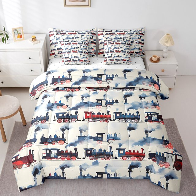 Erosebridal Railyway Train Bed in a Bag Full size,Transportation Theme Bed Set,Cartoon Car Bedding Full Size,Super Cozy Railroad Room Decor,Reversible,7pcs