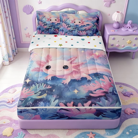 Manfei Colorful Axolotl Zipper Twin Comforter Sets with Fitted Sheet and 2 Pillowcases,Aquatic Amphibian Zipper Bedding Set,Polkadot Reversible,4 Pieces